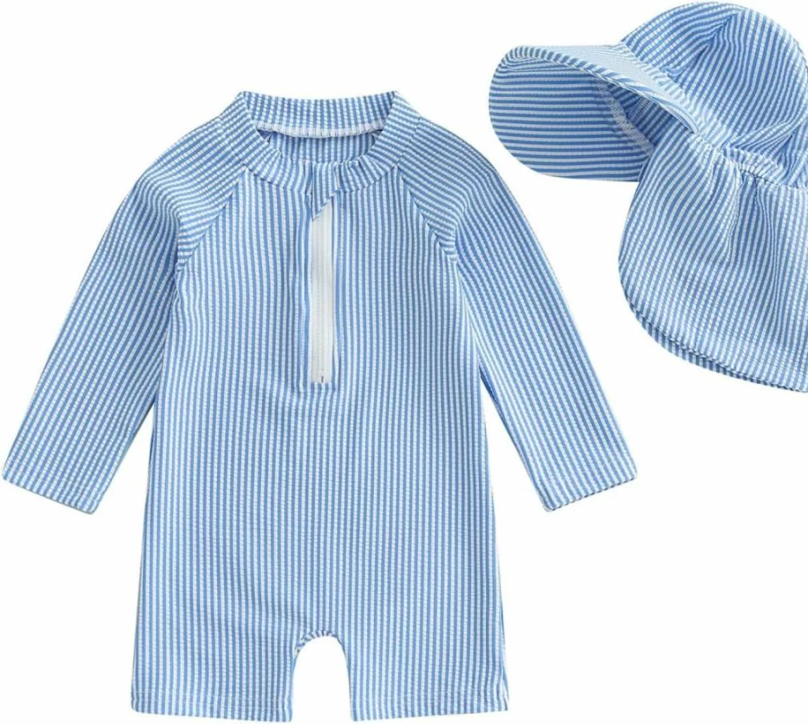 Gueuusu Baby Boys Girls Striped Seersucker Swimsuit One Piece with Zipper Long Sleeve Rash Guard Sun Protection Bathing Suit