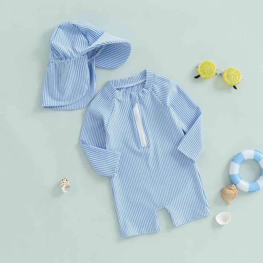Gueuusu Baby Boys Girls Striped Seersucker Swimsuit One Piece with Zipper Long Sleeve Rash Guard Sun Protection Bathing Suit