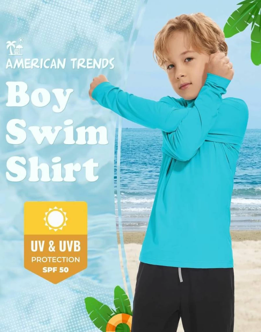 American Trends UPF 50+ Boys Long Sleeve Rash Guard Swim Shirt - Toddler & Kids UV Protection Sun Shirt for Outdoor Swimming
