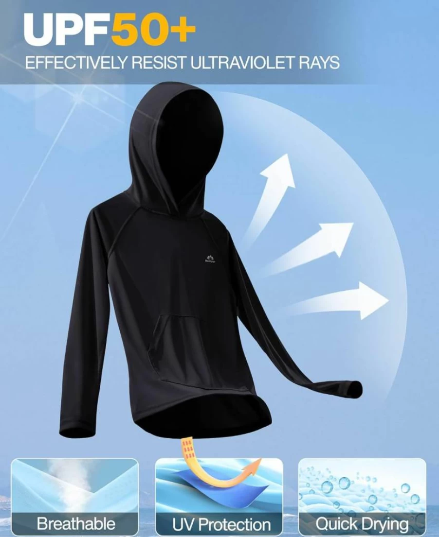 Heathyoga UPF 50+ Boys Sun Protection Hooded Rash Guard Swim Shirt with Pocket for Toddler Kids Fishing Swimming