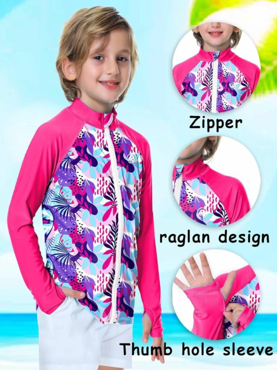AOBUTE Kids UPF 50+ Sun Protection Rash Guard with Thumb Holes - Unisex UV Swim Shirt for Boys & Girls Ages 3-12 Years