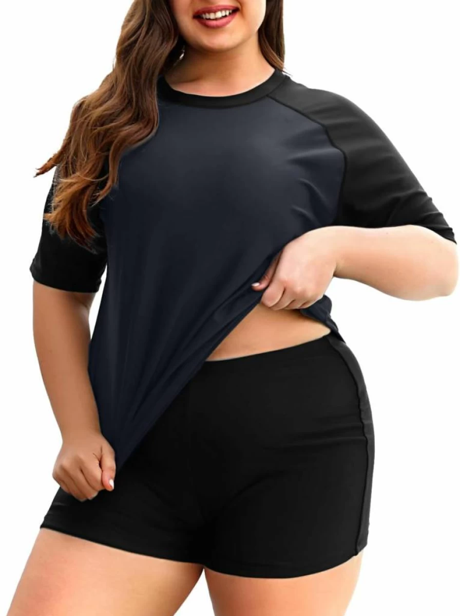 Holipick Women's Plus Size UPF 50+ Rash Guard Swimsuit Set - Short Sleeve Swim Shirt & Shorts