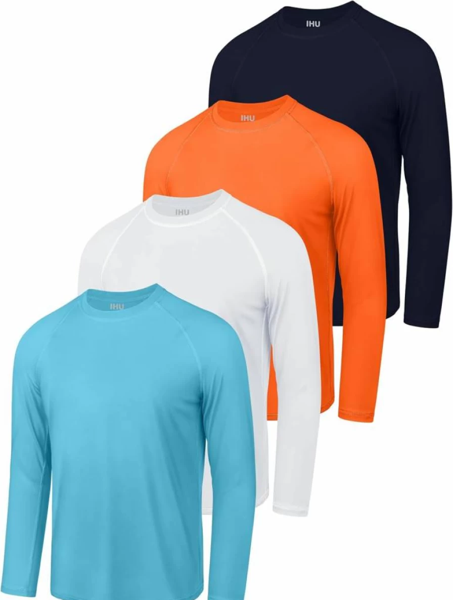 IHU 4 Pack Boys' Neon SPF 50+ Rash Guard Swim Shirts - Quick Dry UV Protection Long Sleeve Swimwear for Kids Youth