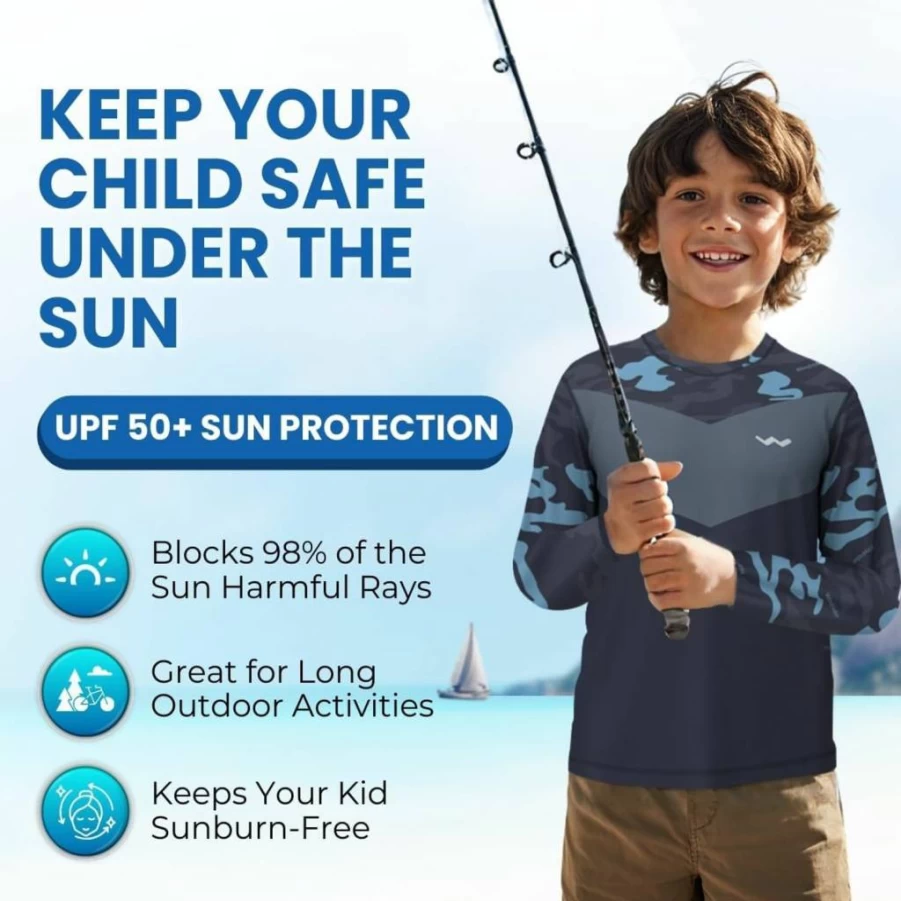 WindRider UPF 50+ Kids Rash Guard - Long Sleeve Sun Protective Swim Shirt for Boys & Girls, Beach Swimming, Fishing & Outdoor Activities