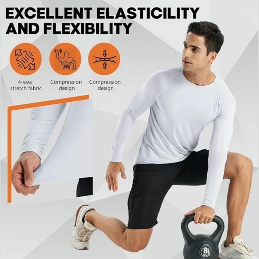 FULAIDE Men's 2 Pack Compression Shirts Long Sleeve - Moisture Wicking Athletic Base Layer for Running, Workout, Baseball & Fishing Rash Guard
