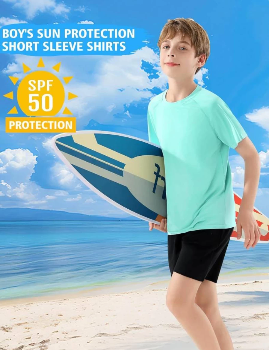 Dizoboee Boys' UPF 50+ Sun Protection Swim Shirts 2 Pack - Short Sleeve Rash Guard for Kids Beach, Pool & Fishing