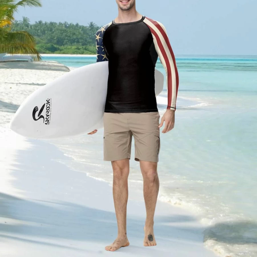 Color Cosplayer Men's BJJ Rash Guard - UPF 50+ Sun Protection, American Flag Print, Compression Long Sleeve Performance Shirt for Swimming & Martial Arts