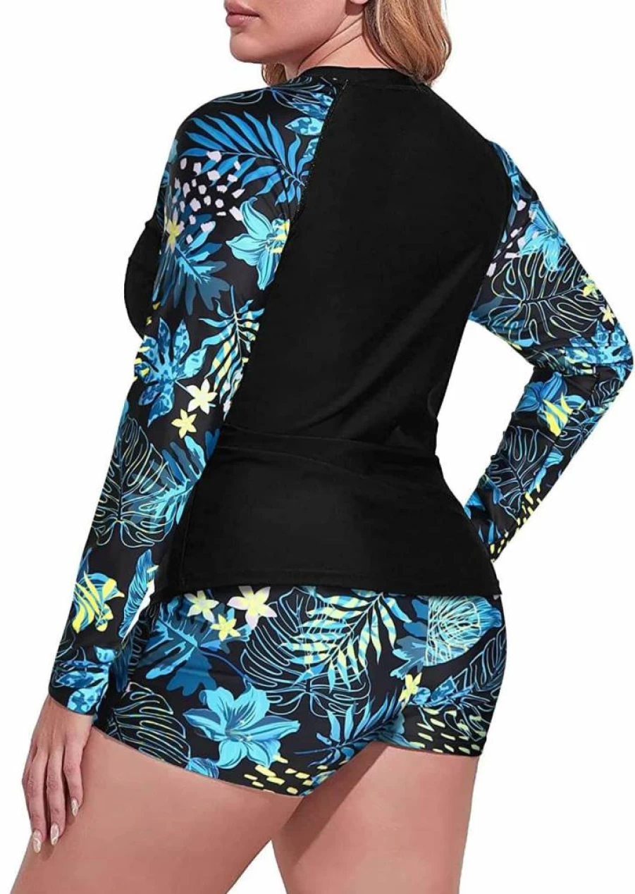 Daci Women's Plus Size 2-Piece Long Sleeve Zip Front Tankini Swimsuits UPF 50 Rash Guard Athletic Swimwear