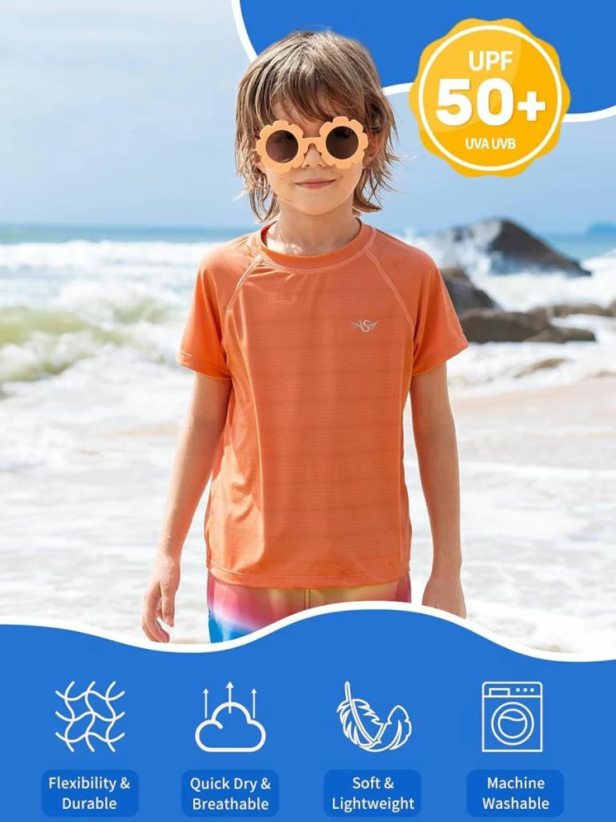 Angel Season Boys UPF 50+ Rash Guard Swim Shirt - Quick Dry Short Sleeve Swimwear for Toddler Kids Teens (Sizes 3-14)