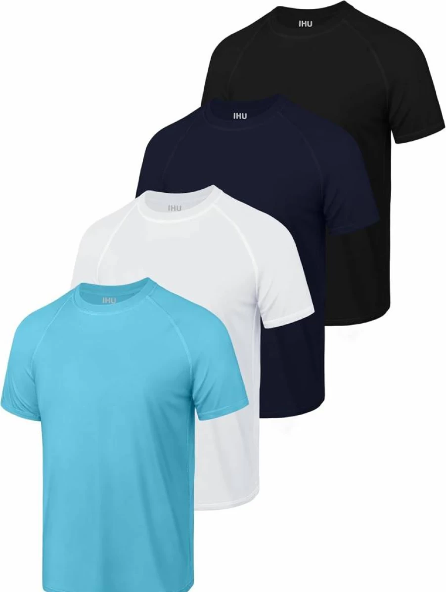 IHU Boys' Neon UPF 50+ Swim Shirts 4-Pack - Quick Dry Youth Rash Guards for Kids Sun Protection Short Sleeve Rashguard